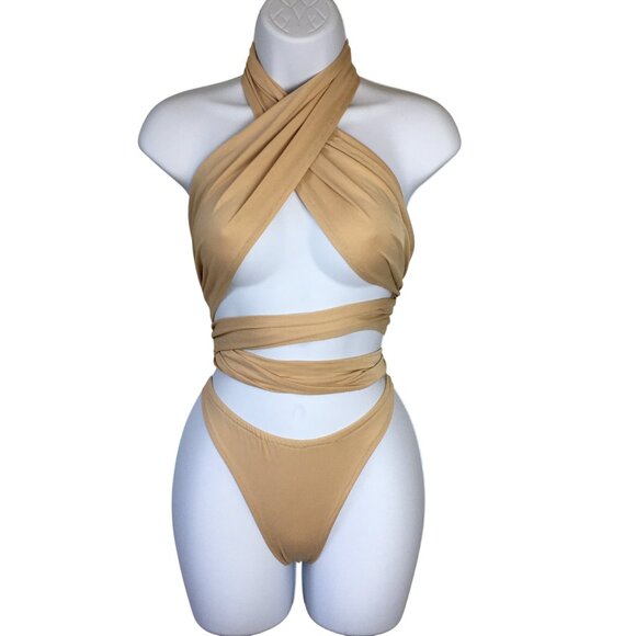 Sexy Beige Bikini Set Size Medium Multi Strap Wrap-Around Adjustable Design - Picture 1 of 10